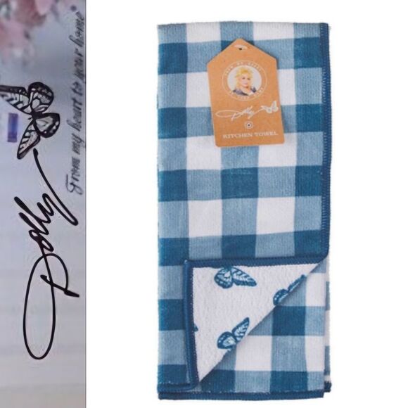 Dolly Parton Checkered Butterfly Kitchen Towel - Picture 1 of 7